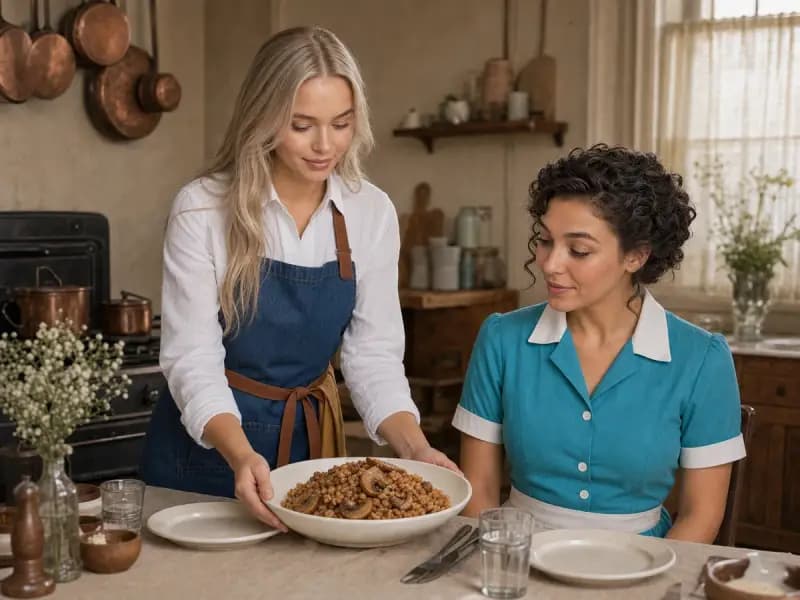 Lana Petrovna serving Buckwheat Kasha with Mushrooms to Nora Blythe at a restaurant table