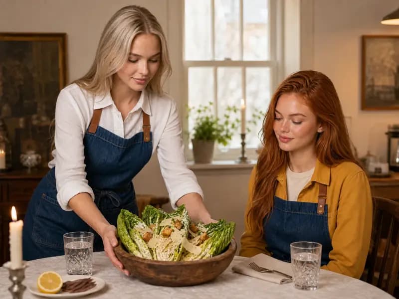 Lana Petrovna serving Caesar Salad to Scarlett Vale at a restaurant table