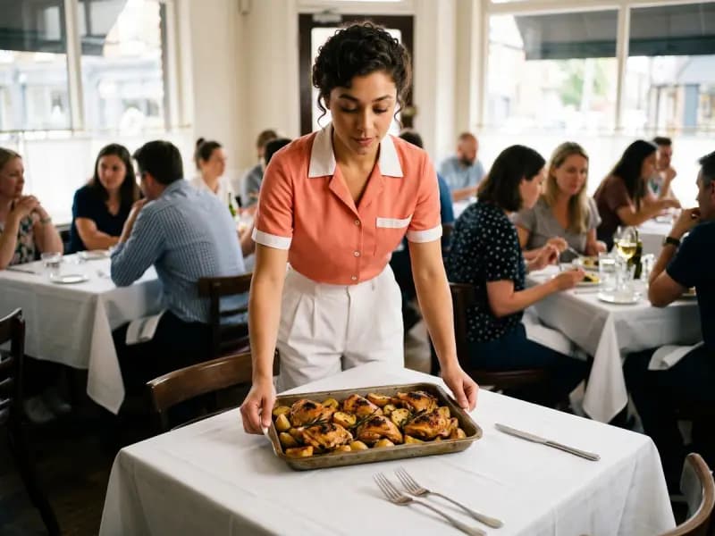 Nora Blythe serving Chicken Thigh and Potato Traybake at a restaurant table