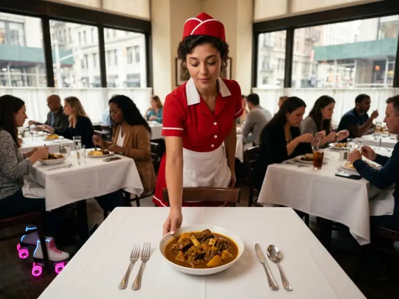 Nora Blythe serving Curry Goat at a restaurant table