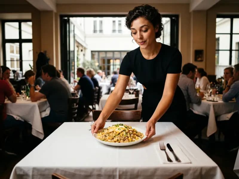 Nora Blythe serving Egg Fried Rice at a restaurant table