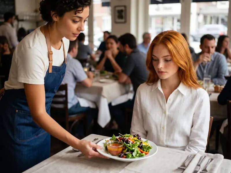 Nora Blythe serving Everyday Vinaigrette to Scarlett Vale at a restaurant table