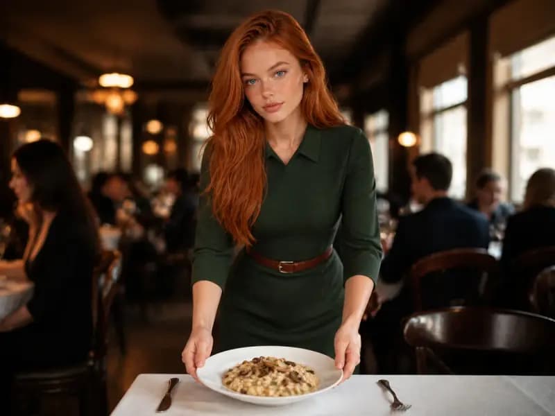 Scarlett Vale serving Mushroom Risotto at a restaurant table