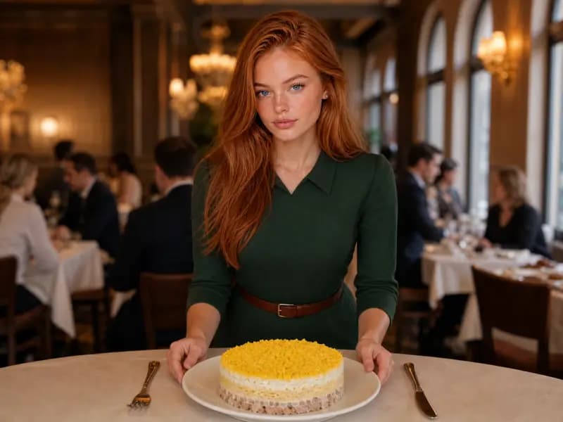 Scarlett Vale serving Salat Mimosa at a restaurant table