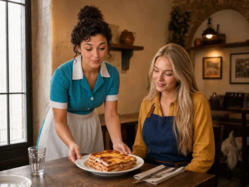 Nora Blythe serving Baked Lasagne to Lana Petrovna at a restaurant table