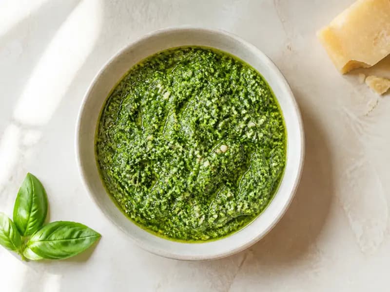 Basil Pesto — shot from directly overhead, the table surface filling the frame