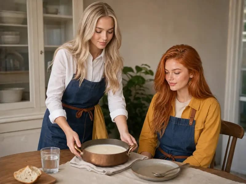 Lana Petrovna serving Bechamel Sauce to Scarlett Vale at a restaurant table