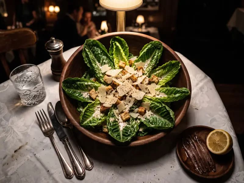 Caesar Salad — shot from directly overhead: whole romaine leaves coated in an emulsion of coddled egg