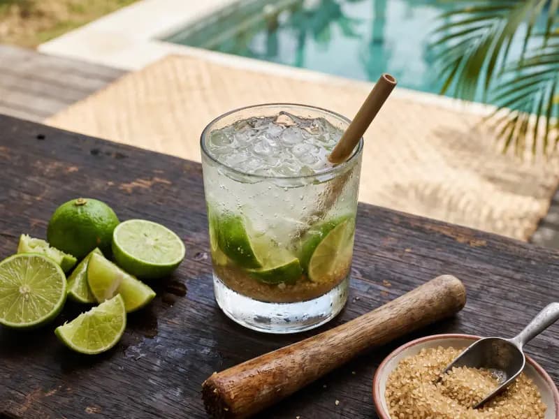 Caipirinha — shot from directly overhead: whole lime muddled with sugar and cachaça in the glass it is drunk from
