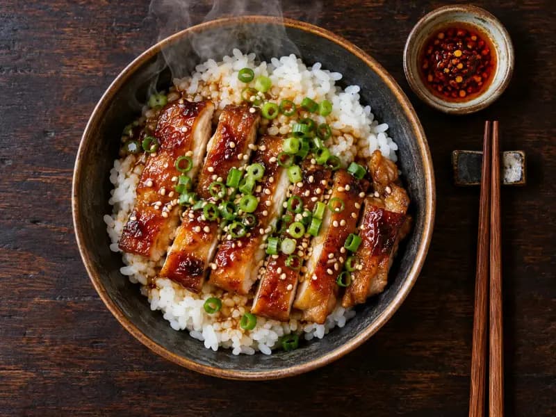 Chicken Teriyaki shot from directly overhead, a true flat lay