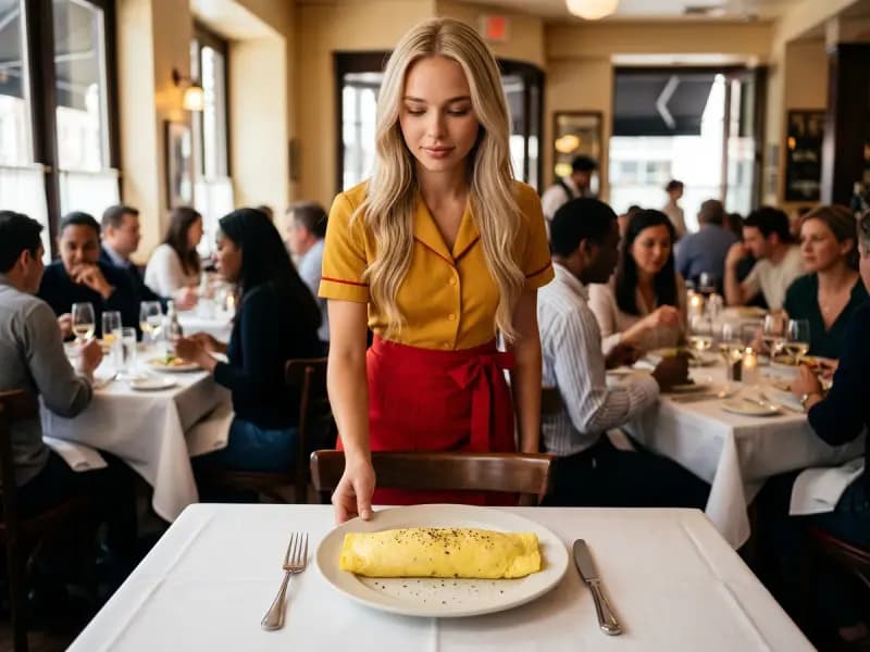 Lana Petrovna serving Classic French Omelette at a restaurant table