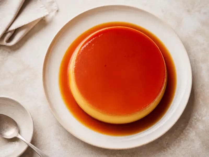 Crème Caramel — shot from directly overhead: a baked custard turned out under its own caramel