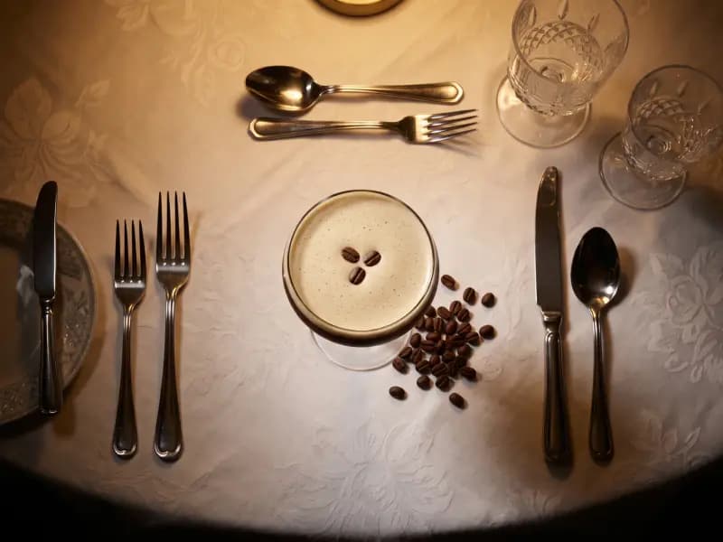 Espresso Martini — shot from directly overhead, the table surface filling the frame