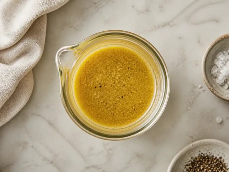 Everyday Vinaigrette — shot from directly overhead: a mustard-emulsified dressing built on three parts oil to one part acid