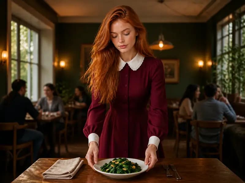 Scarlett Vale serving Garlicky Greens at a restaurant table