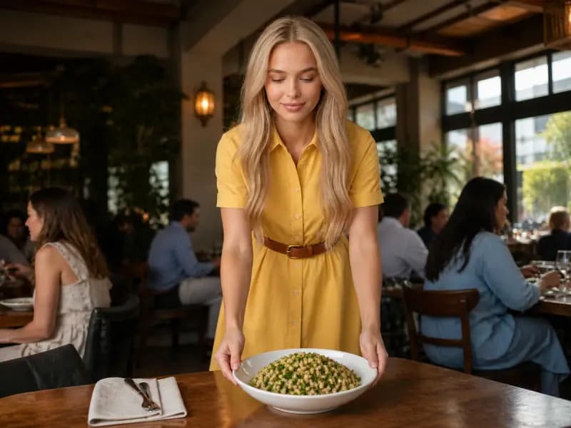 Lana Petrovna serving Herbed Farro Salad at a restaurant table