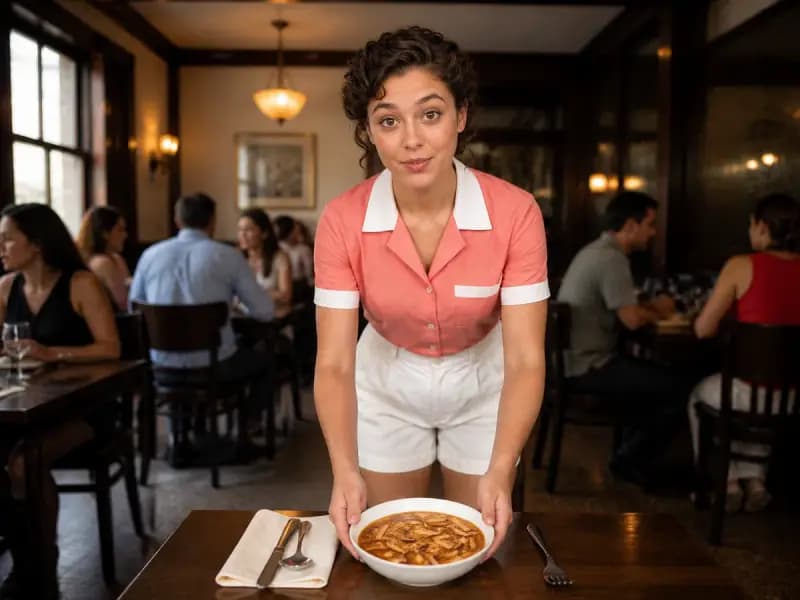 Nora Blythe serving Hot and Sour Soup at a restaurant table