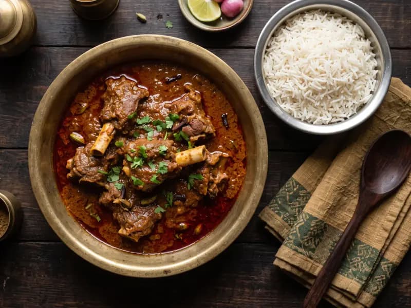 Lamb Rogan Josh — shot from directly overhead: lamb shoulder browned hard then cooked for two hours in yogurt and Kashmiri chilli