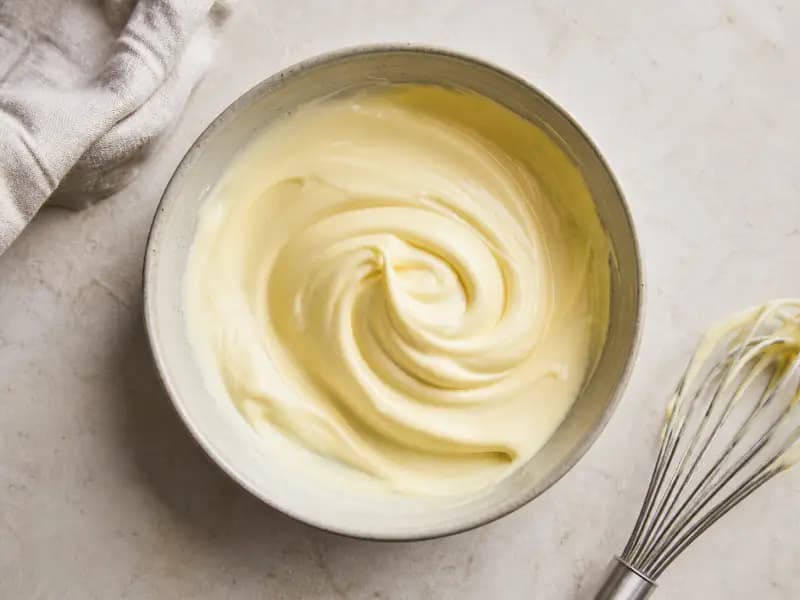 Mayonnaise — shot from directly overhead, the table surface filling the frame