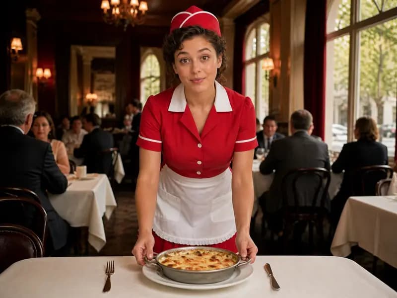 Nora Blythe serving Mushroom Julienne at a restaurant table