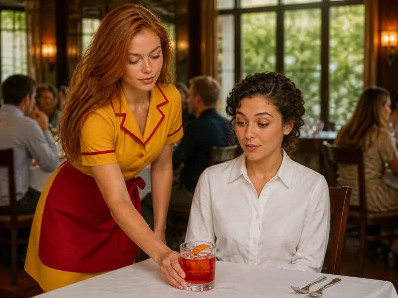 Scarlett Vale serving Negroni to Nora Blythe at a restaurant table