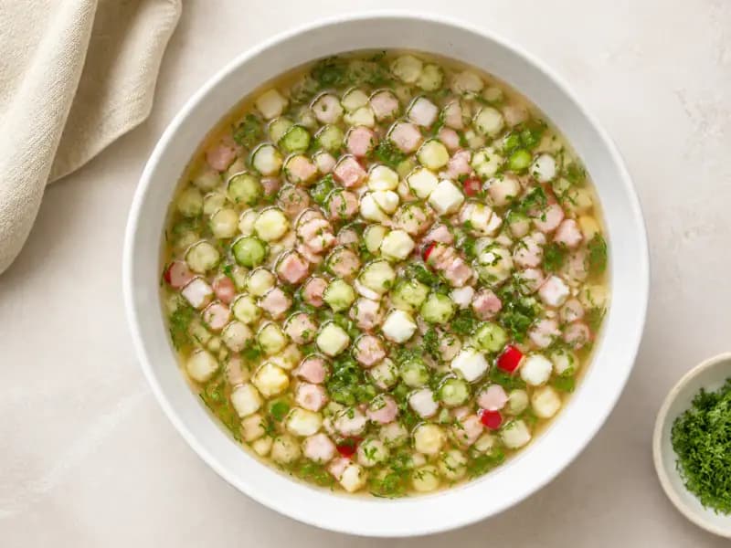Okroshka — shot from directly overhead: a cold soup of raw vegetables
