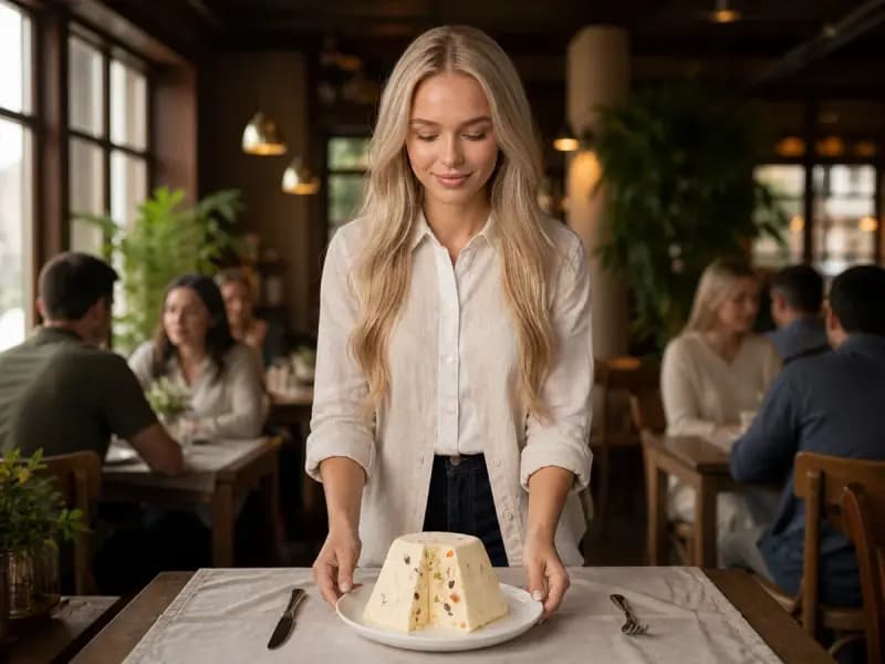 Lana Petrovna serving Paskha at a restaurant table