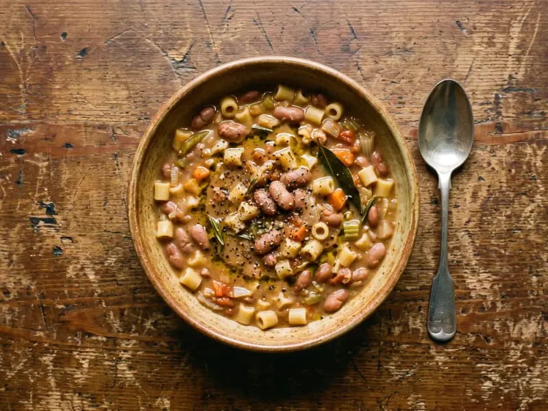 Pasta e Fagioli — shot from directly overhead: borlotti beans cooked down until half of them collapse