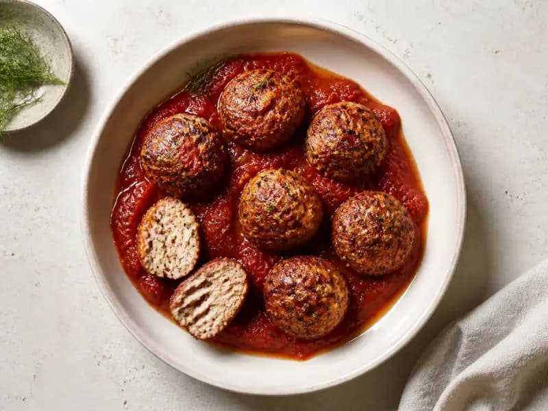 Pork and Fennel Meatballs — shot from directly overhead: pork mince bound with a milk and bread panade and toasted fennel seed