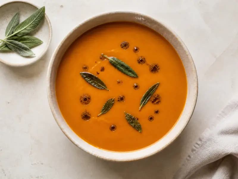 Roast Squash and Sage Soup — shot from directly overhead: squash roasted until the cut faces caramelise