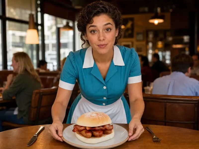 Nora Blythe serving Sausage and Bacon Breakfast Bap at a restaurant table