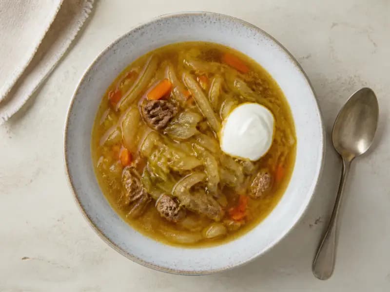 Shchi — shot from directly overhead: cabbage soup simmered in meat broth