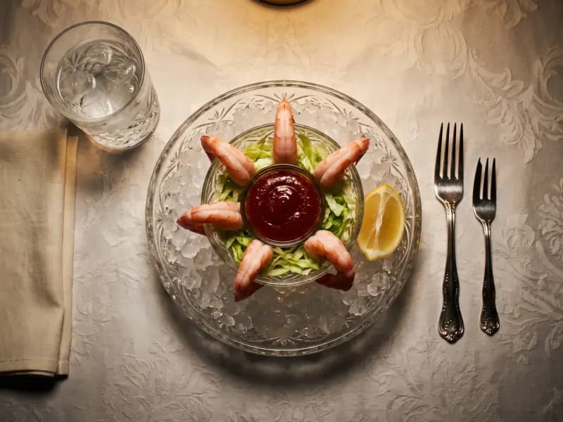 Shrimp Cocktail — shot from directly overhead, the table surface filling the frame