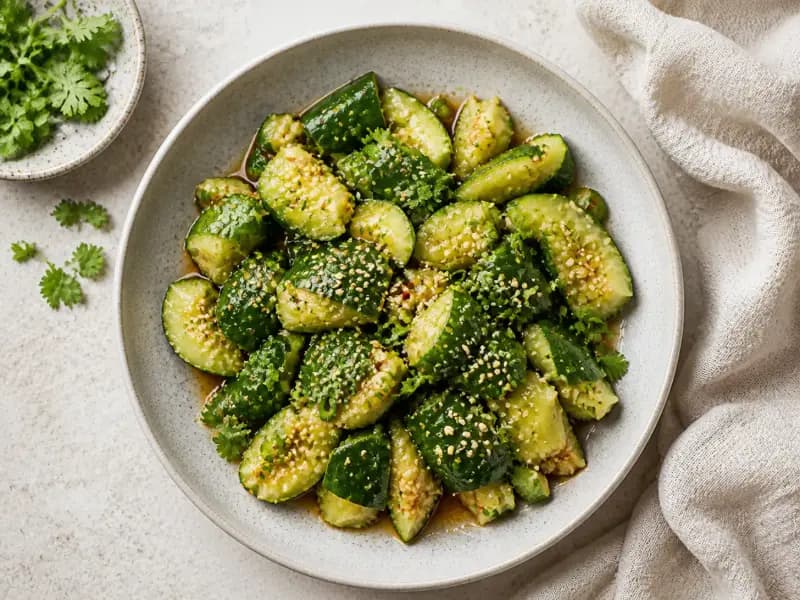 Smashed Cucumber Salad — shot from directly overhead: cucumbers smashed rather than sliced so the torn faces grip a soy