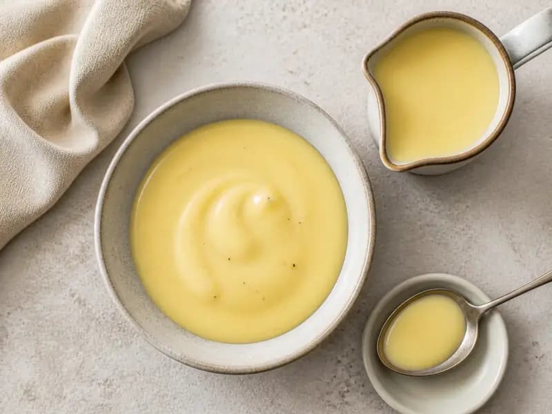 Vanilla Custard — shot from directly overhead: a pouring custard of egg yolks