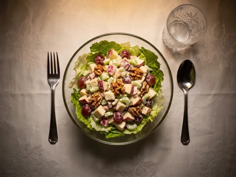 Waldorf Salad — shot from directly overhead, the table surface filling the frame